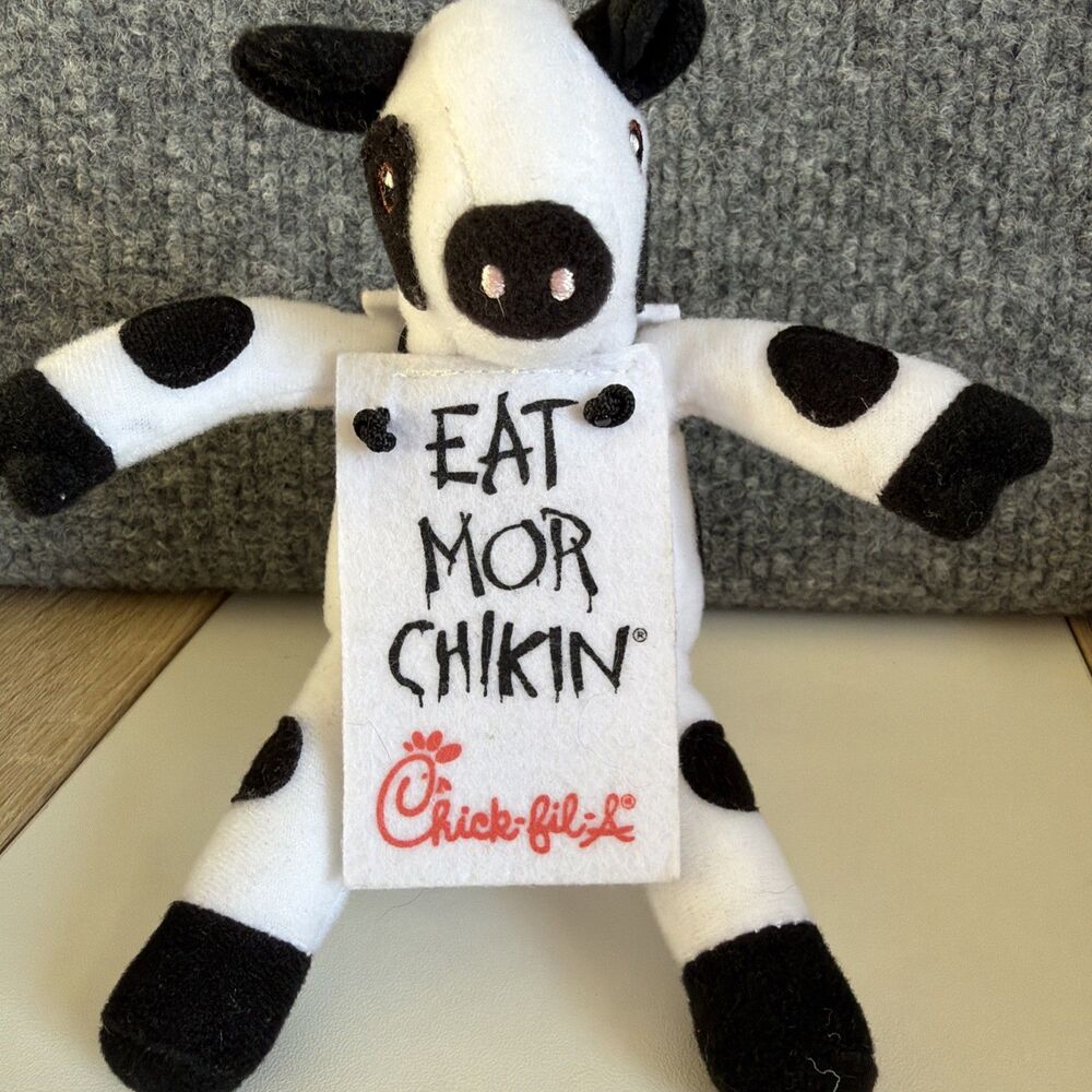 Vintage 2002 Chick-fil-A Cow 8" Plush Toy White Black With Sign Eat Mor Chikin